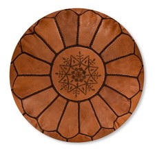 Moroccan Leather Pouf Caramel Brown - Delivered Stuffed, Ottoman, Footstool
