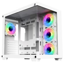 CiT Vision White ATX Gaming Cube PC Case Full Tempered Glass Panels 4x LED Fans