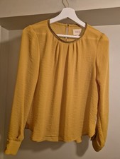 Avoca Mustard Yellow Long Sleeve Blouse With Beaded Neckline, Size 1 / UK 8-10