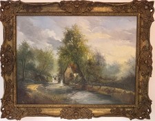 Large oil painting Landscape rustic watermill signed  antique style gilt frame
