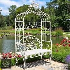 Vintage Cream Arbour Garden Bench Metal Outdoor Arch Scroll Seat Furniture