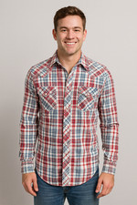 WRANGLER Western Pearl Snap Shirt XL Red Blue Plaid Cowboy Rodeo Country USA