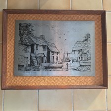 X Rare Vintage Kevin Platt Framed Art Metal Etching The Fishing Village England 