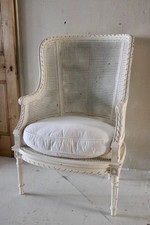 Vintage French White Rattan Bergere High Back Chair 105cm high
