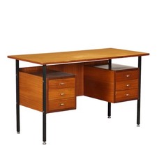 Vintage Writing Desk 1960s Mahogany Veneered Enameled Metal