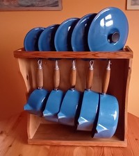 Le Creuset Cast Iron Saucepans. Set of 5. Blue + Stand. Used. 14, 16, 18, 20, 22