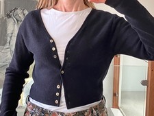 Sarah Pacini Ladies Classic Black Crop Length Cardigan Merino Wool Blend S/XS