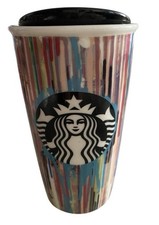 Starbucks 2015 Multicolored Paint Drip Stripes 12oz Ceramic Travel Tumbler Mug