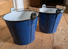 2 x SMALL BLUE ENAMEL BUCKETS - Kitchen Storage Metal Planter Plant Pot Garden