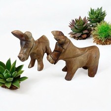 Hand Carved Wood Donkey Figurine Set Of 2 Nativity Folk Art Mule Decor