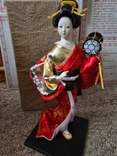 Japanese Geisha Doll Figure Red Silk with Colorful Kimono