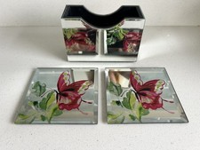 Laura Ashley Set of 2 butterfly floral Mirror Coasters RARE with holder 