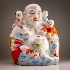 Chinese Porcelain Laughing Budai Buddha Five Children Famille Rose 22cm Figurine