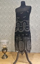 ANTIQUE 1920s FLAPPER DRESS BLACK CHIFFON SILVER BEADWORK ART DECO GOOD CONDITIO