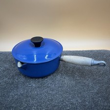 Le Creuset Cast Iron Blue Enamel Saucepan with Lid Wooden Handle France Size 18