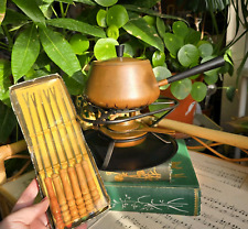 Vintage Copper Fondue Set Pan Stand Burner Forks Rustic 1960s Christmas