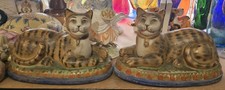 A Pair Antique Victorian Staffordshire Pottery, Mackeral Tabby Recumbent Cats...