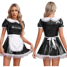 UK Womens French Maid Cosplay Outfits Shiny PVC Leather Dress w/Apron Clubwear