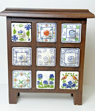 Hand Painted Ceramic Wood Apothecary 9 Drawer Chest Jewelry Spices Trinkets Blue