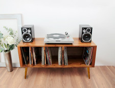 Mid Century Record Player Stand: Solid Wood Vinyl Storage Cabinet