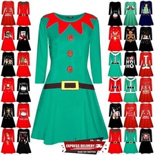 Womens Ladies Xmas Elf Santa's Little Helper Belt Costume Christmas Swing Dress
