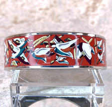 Vintage Hermes Enamel Bangle Bracelet Red Enamel Bird Silver Rim Size 65