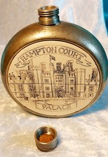 SCRIMSHAW STYLE FINE  PEWTER HIP FLASK HAMPTON COURT I&BW.G SHEFFIELD 11CMX10