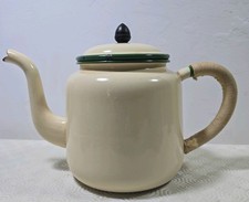 Vintage Large Cream and Green Enamel Kettle Tea Pot camping retro kitchen 