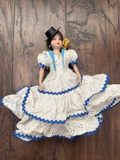 Vintage Spanish Porcelain Dancer Doll 90s White Blue Dress And Hat