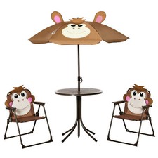 Outsunny Kids Foldable Four-Piece Garden Set w/ Table, Chairs, Umbrella - Brown