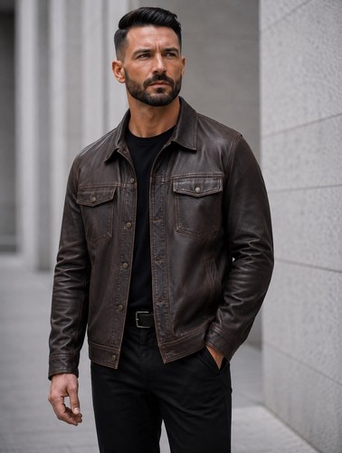 Brown leather trucker jacket - leather,