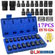 Female Impacted E Torx Star Sockets E5 - E24 3/8" 1/2" Drive 17pc Set Winholder
