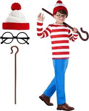 Boys Where`s Wally? Costume + Cane Kids Red White Waldo Book Week Halloween