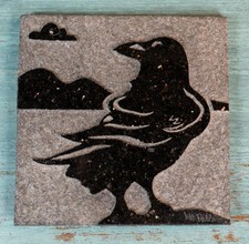 Carved Stone Black Galaxy Granite 6x6 Art Tile Crow Bird Amy Jeff Dallas Signed