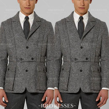 Tweed Men's Safari Jacket Suits 2Pcs Business Outdoor Warm Autumn Formal Jacket