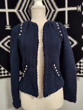 ZARA Traflauc Cropped  Studded Open Fringe Tweed Cotton Dress Blazer, Navy, XS