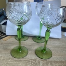 4 x Vintage  Hock Wine Crystal Glasses  Coloured Stems Green 7in high