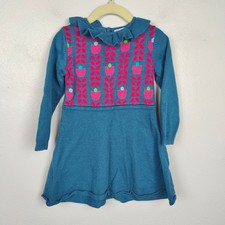 Jacadi Paris Dress Girls 4 Teal Blue Knit Floral Long Sleeve Preppy Fall
