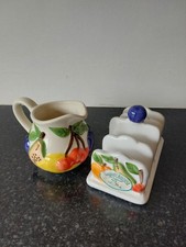 Set of Hand Painted Rayware Country Fruit Pattern Ceramic, Milk Jug & Toast Rack