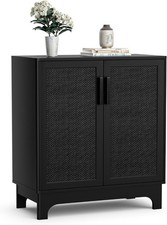 Anmytek Black Rattan Storage Cabinet with 2 Doors Adjustable Shelf Boxed