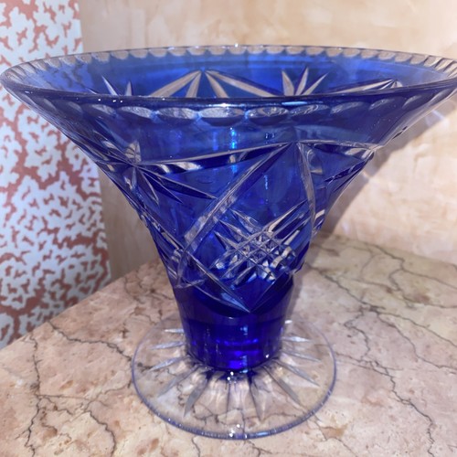 Blue bohemian cut crystal vase - cut,