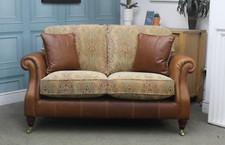 PARKER KNOLL, EASTBURY 2 SEATER SOFA, ROCCO TAN LEATHER & BASLOW MEDALION FABRIC