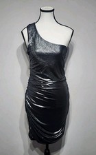 Vtg Y2K Deb Dress Size XL One Shoulder Ruched Bodycon Metallic Wet Look Edgy