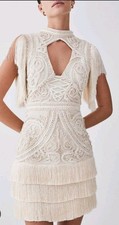 Karen Millen Cornelli Embellished Fringed Woven Dress Ivory Size 6 Rrp 239