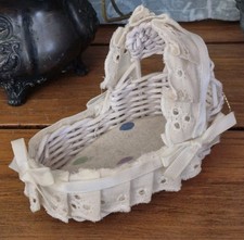 VTG Miniature White Wicker Doll Bassinet/Christms Tree Ornamnt 4" Gingham, Bows