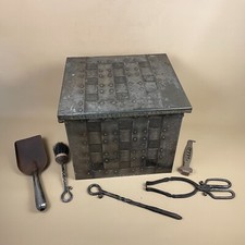 Vintage Metal Silver Coal Bucket Box Fireside Scuttle Companion Set Tools Lid