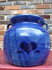Appalachian Folk Art Jerry Brown Lidded 6.5 Qt Rare Blue Heart Crock 2 Handle