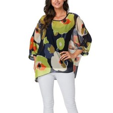 Womens Lagenlook Kimono Top Chiffon Blossom Print Poncho Oversize Tunic Blouse
