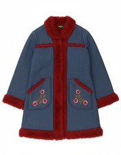 BENETTON Girls Sherpa Overcoat 7-8 Years Medium Blue Floral Acrylic AQ04