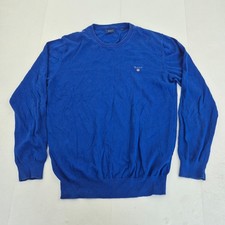 GANT Jumper Medium Blue Mens Round Neck 100% Cotton Embroidered Logo Knit